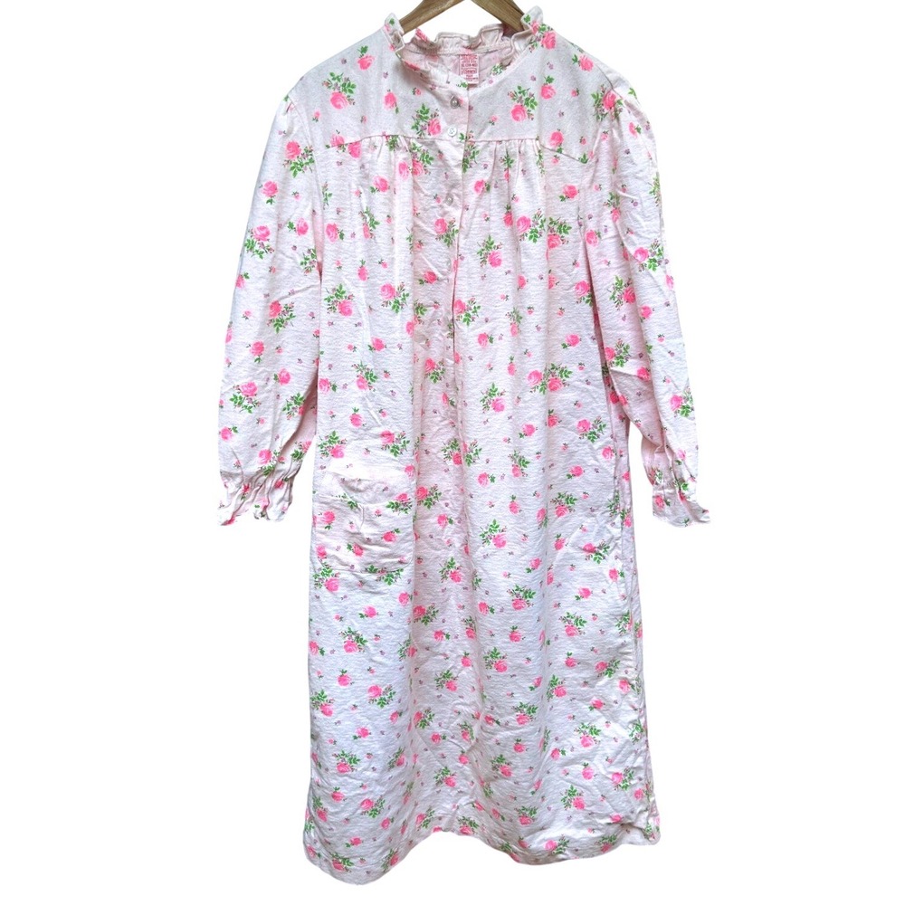 Sears Vintage Nightgown Women's XL Pink Floral Button Front Long Sleeve